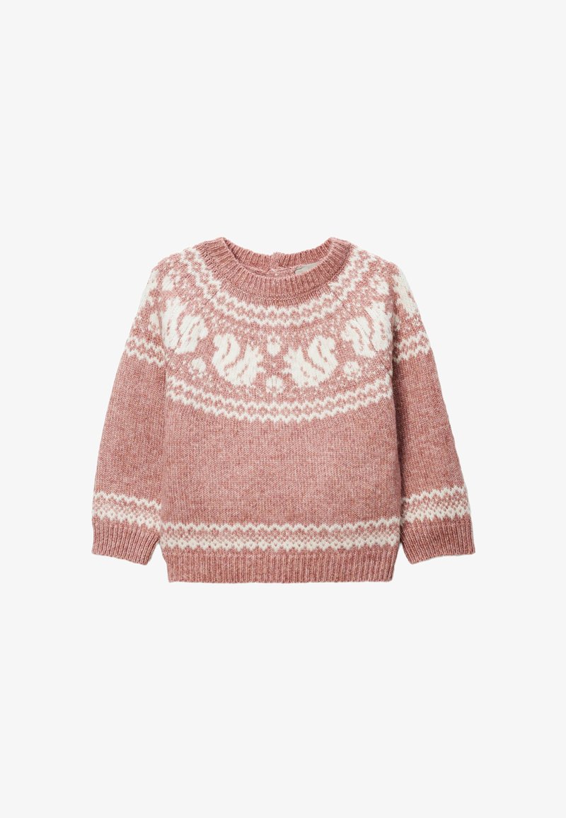 Pull en tricot d'une douce teinte rose avec un motif nordique blanc. Il a un col rond et des manches longues. Tissu texturé.