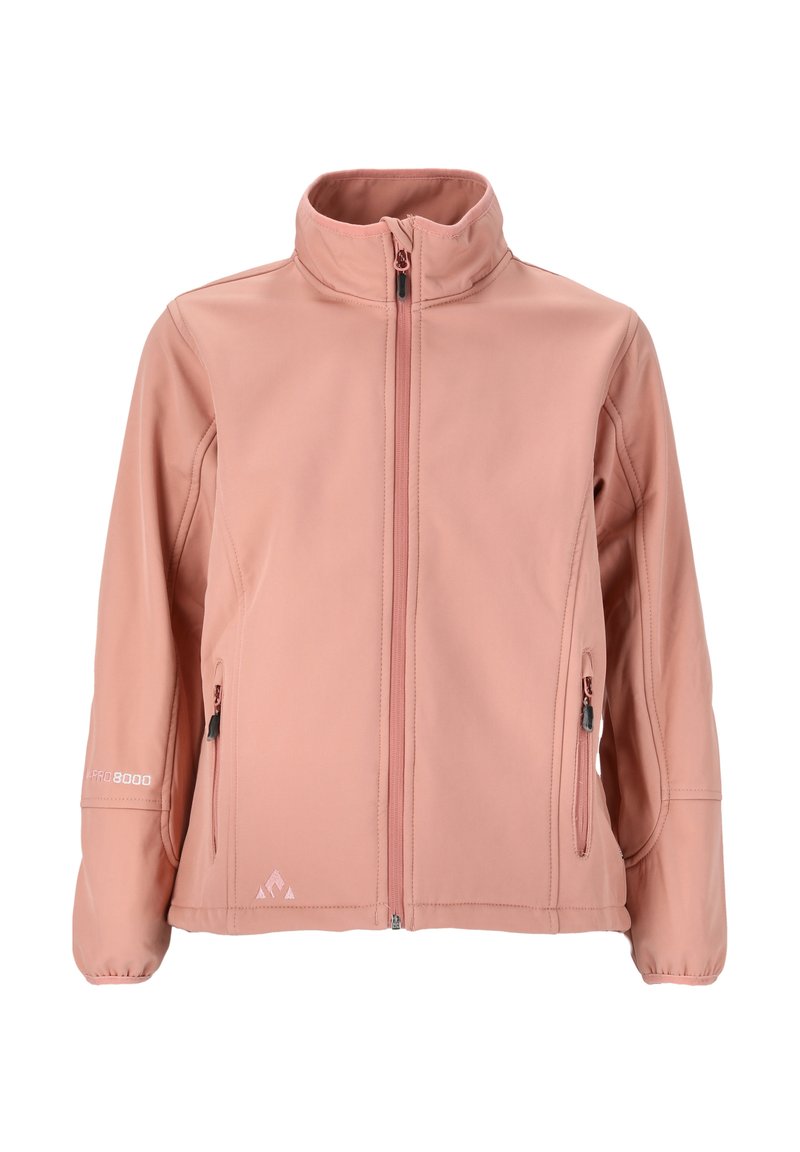 Lyserød softshell-jakke med høj krave, frontlynlås og to sidelommer. Har logo på ærmet og en glat overflade.