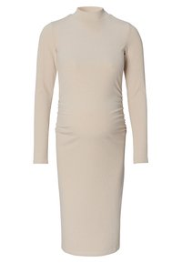 Beiges langärmeliges Kleid mit einem Mock-Neck, aus geripptem Stoff gefertigt, mit gerafften Details an den Seiten für eine figurbetonte Silhouette.