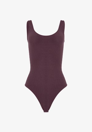 Bordeauxroter Badeanzug mit rundem Ausschnitt, schmalen Trägern und hoch geschnittenen Beinausschnitten. Weicher, strukturierter Stoff.