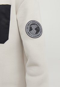 Manche de sweat-shirt beige avec un patch rond noir et gris montrant un globe et le texte « Jack & Jones // Global Community // Est. 1990 ».