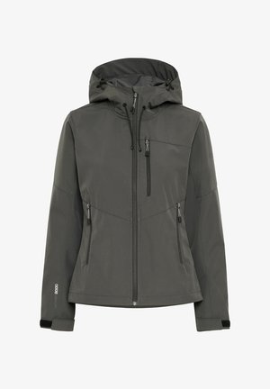 Szara kurtka typu softshell z kapturem, zapinanymi kieszeniami, regulowanymi sznurkami i nowoczesnym, eleganckim designem. Wodoodporna tekstura materiału.