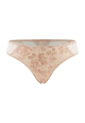 Nude string gemaakt van gladde stof met een bloemenmotief en kanten accenten op de tailleband. Lichtgewicht met een minimaal ontwerp.