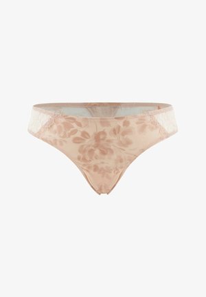 Nude-Tanga aus glattem Stoff mit floralem Muster und Spitzenakzenten am Bund. Leicht und mit minimalistischem Design.