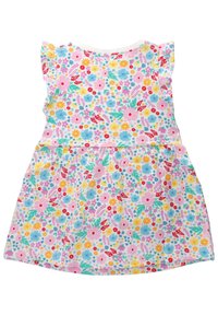 Multicolored bloemenpatroon jurk met korte gerimpelde mouwen, een ronde halslijn en een geplooide tailleband. Gemaakt van lichtgewicht stof.