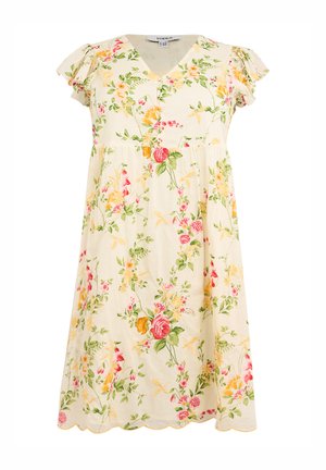 Crèmekleurige bloemenjurk met korte pofmouwen, V-hals, knoopsluiting aan de voorkant en een zoom met gekarteld detail.