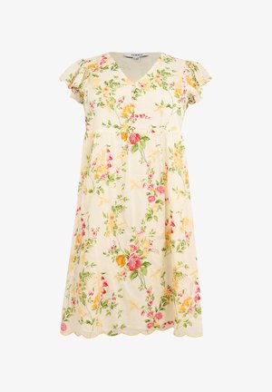 Cremiges Blumenmuster-Kleid mit kurzen Puffärmeln, V-Ausschnitt, Knopfleiste vorne und einem Saum mit wellenförmigen Details.