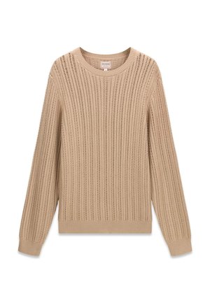 Beige gebreide trui met lange mouwen, een verticale geribbelde structuur en een ronde halslijn.