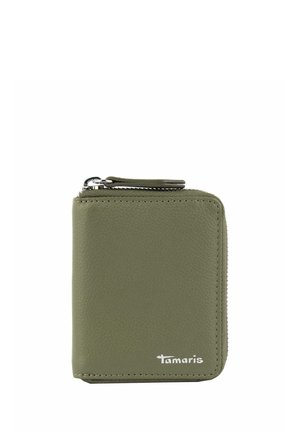 Compact olive green leather wallet with zipper closure and small "Tamaris" logo at the bottom right corner.