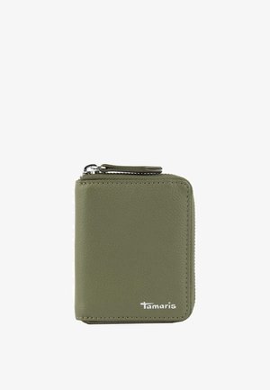 Compact olive green leather wallet with zipper closure and small "Tamaris" logo at the bottom right corner.