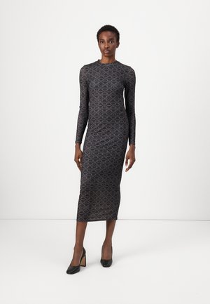 Long-sleeve, fitted black dress with a geometric pattern, made of smooth fabric. Features a round neckline and reaches mid-calf length.
