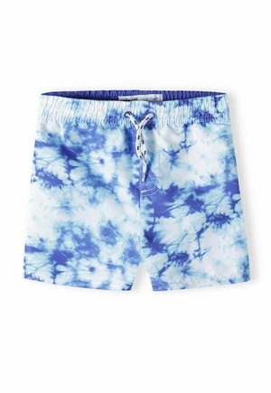 Blå tie-dye badbyxor med elastisk midja och dragsko, tillverkade av lätt tyg med en mjuk textur.