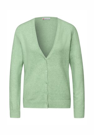 Cardigan verde chiaro con scollo a V, chiusura con bottoni, maniche lunghe e polsini e orlo a coste, realizzato in morbido tessuto lavorato a maglia.
