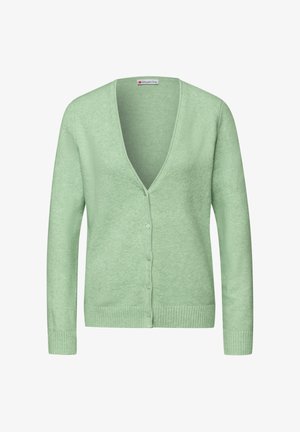 Cardigan verde chiaro con scollo a V, chiusura con bottoni, maniche lunghe e polsini e orlo a coste, realizzato in morbido tessuto lavorato a maglia.