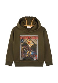 Felpa verde oliva con una grafica frontale che rappresenta un paesaggio scenico. Presenta una tasca a marsupio e un rivestimento della cappuccio arancione a contrasto.