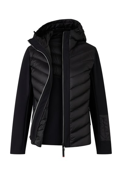 Czarna kurtka puchowa o dopasowanym kroju, z zamkiem błyskawicznym, kapturem oraz połączeniem gładkich i pikowanych faktur na zewnętrznej powierzchni.