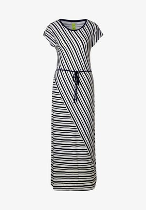 Biała maxi sukienka w czarne ukośne i poziome paski, z krótkimi rękawami, okrągłym dekoltem oraz cienkim paskiem w talii z przodu.