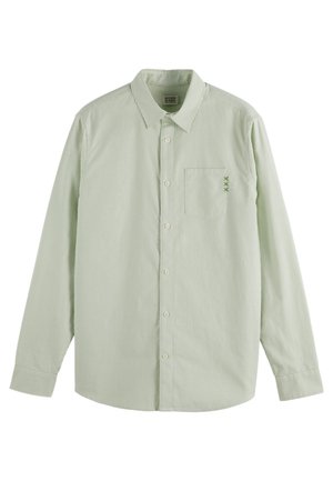 Light green button-up shirt with vertical stripes, long sleeves, and a single chest pocket. Features subtle embroidery on the pocket.