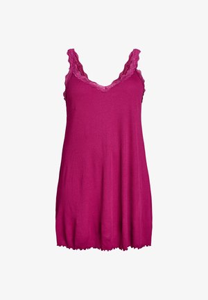 Fuksiapinkki ilman hihoja oleva toppi, jossa on hapsureunainen pitsitrimmi kaula-aukossa ja olkaimissa; pehmeä kangas; löysä malli, pyöristetty helma, eikä näkyviä kiinnityksiä.