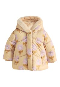 Gepolsterte Jacke aus weichem gelbem Stoff mit einem Kapuzenfutter in warmem Braun. Verziert mit verspielten Blumen- und Schleifenmustern, seitlichen Taschen und gestepptem Design.