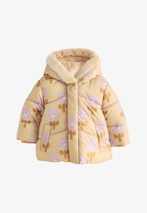Kurtka pikowana z miękkiej tkaniny w jasnym żółtym kolorze, z kapturem wyłożonym pluszem w kolorze beżowym. Posiada fantazyjne wzory kwiatów i kokardek, boczne kieszenie oraz pikowany wzór.