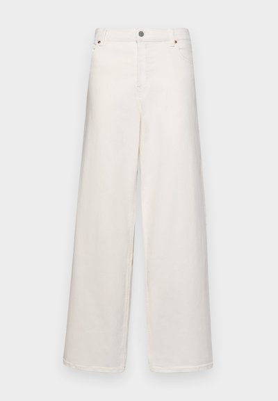 Weite Hosen aus cremefarbener Baumwolle. Verfügt über einen Knopfverschluss, Gürtelschlaufen und zwei Fronttaschen. Glatte Textur mit minimalistischen Details.