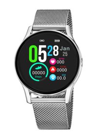 Orologio intelligente circolare argentato con display nero, che mostra il conteggio dei passi, la frequenza cardiaca (BPM) e le calorie. Cinturino a rete, leggibili digitali vivaci in vari colori.