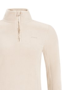 Fleece pullover i lyse beige med høj krave, halvdels lynlås foran og diskret branding på brystet. Blød tekstur, tætsiddende design.