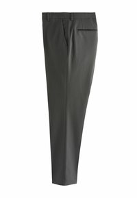 Pantaloni gri ajustați, confecționați dintr-un material texturat, cu un front plat, bucle pentru curea și o singură buzunar posterior cu un ghidaj îngust.
