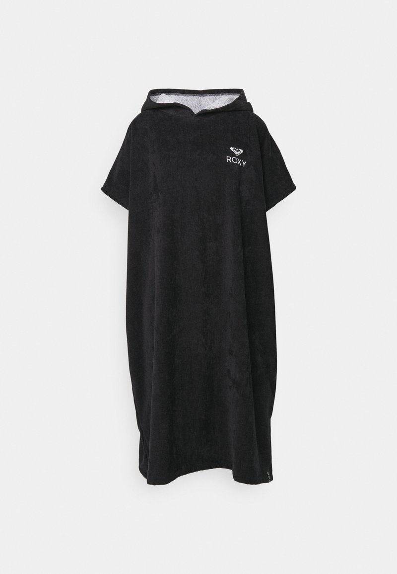 Mustapaitainen poncho, joka on valmistettu pehmeästä kankaasta. Siinä on lyhyet hihat ja pieni brodeerattu logo vasemmassa rintataskussa.