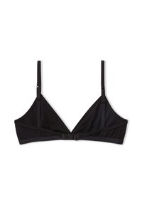 Bralette a triangolo nero realizzato in morbido tessuto, con sottili spalline regolabili e chiusura a gancio sul retro. Design liscio e senza cuciture.