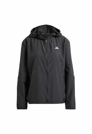 Black lightweight jacket with a hood, full zip, and two side pockets. Features reflective logo on chest and subtle accents on sleeves.