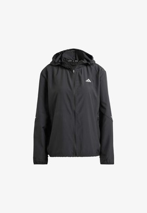 Black lightweight jacket with a hood, full zip, and two side pockets. Features reflective logo on chest and subtle accents on sleeves.