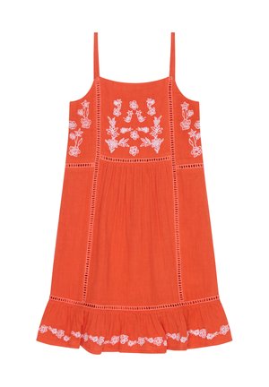 Orangenes ärmelloses Kleid mit weißer Blumenstickerei auf Brust, Seiten und volantsaum, mit vertikalen Spitzenbesätzen.