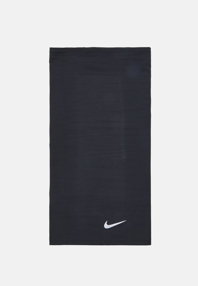 Black Nike neck gaiter made of stretchy fabric, featuring a smooth texture and a white Nike logo on one side. Soft and form-fitting design.