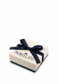 Scatola regalo bianca con un nastro blu navy, che presenta il logo "MORELLATO" sulla parte superiore. La scatola ha una superficie liscia e una forma rettangolare.
