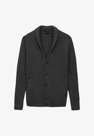 Ciemnoszary kardigan ribbowany z kołnierzem szalowym, pięcioma guzikami i dwiema przednimi kieszeniami. Wykonany z miękkiego, fakturowanego materiału dzianinowego.
