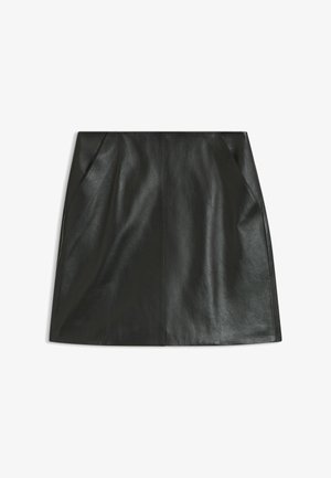 Minigonna nera in pelle con texture liscia e due tasche laterali. Presenta un design aderente e cuciture pulite per un look minimalista.