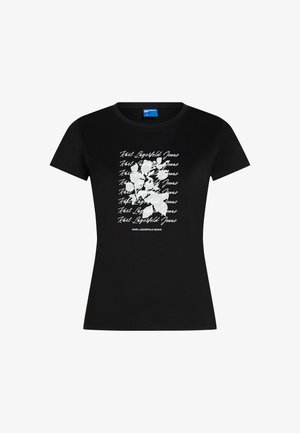 Czarny dopasowany t-shirt z krótkim rękawem z białą kwiatową grafiką i powtarzającym się tekstem "Karl Lagerfeld Jeans" na środku z przodu.