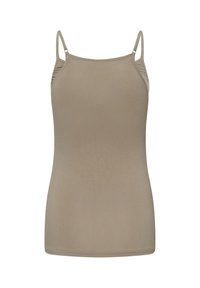 Camisole beige sans manches avec fines bretelles spaghetti, présentée sur fond blanc uni, vue de face, sans logo ni motif visible.