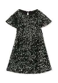 Vestito nero ricoperto di paillettes argentate, maniche corte, scollatura rotonda e chiusura a scomparsa sul retro. Silhouette svasata, texture scintillante.