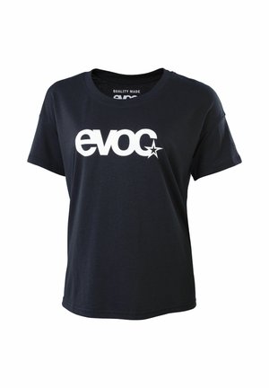 Black cotton t-shirt with a round neckline and short sleeves. Features a large white "evoc" logo on the front. Soft texture.