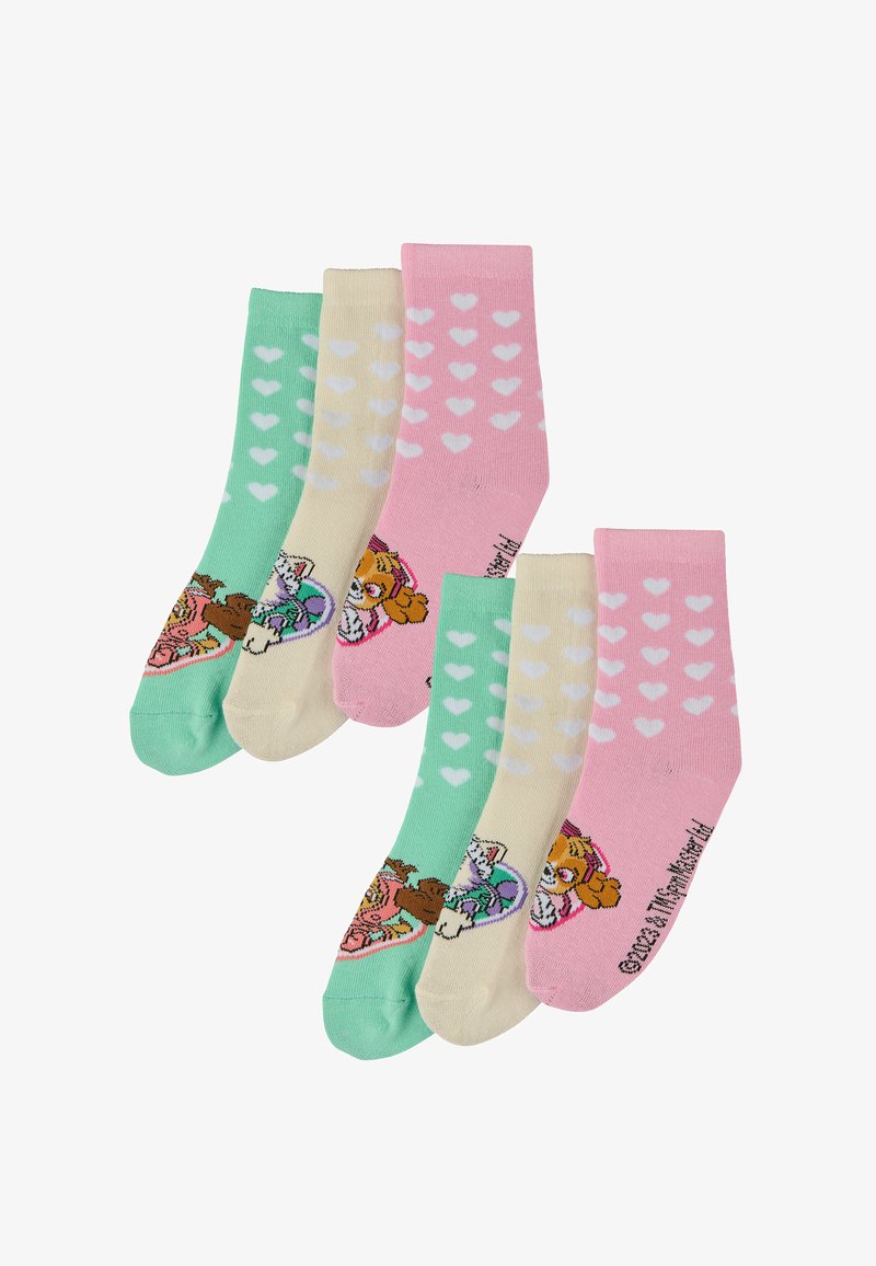 Cuatro pares de calcetines: verdes con corazones blancos, beige con lunares, rosas con corazones blancos, presentando personajes de perros de dibujos animados en el par verde.