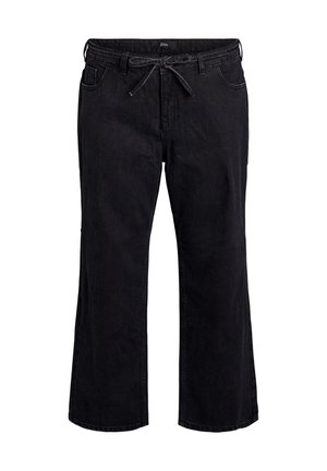 Black wide-leg pants in denim with a drawstring waist, front pockets, and a smooth texture. Features a raw hem at the bottom.