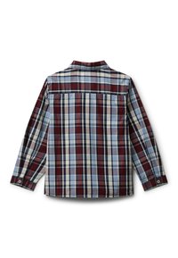 Camicia a maniche lunghe in flanella con un motivo a quadrati rossi, blu e bianchi. Realizzata in tessuto intrecciato, con colletto classico e maniche con bottone.