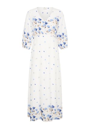 Valge midi pikkusega kleit sinise lillemustriga, kolmveerand pikkade lõhvakate varrukatega, V-kaelusega ja rinnal nööbidetailiga.