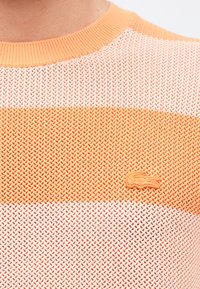 Πλεχτό πουλόβερ με στρογγυλή λαιμόκοψη, διακοσμημένο με οριζόντιες ρίγες σε πορτοκαλί και λευκό. Υφή υφάσματος με μικρό κεντημένο λογότυπο στο στήθος.