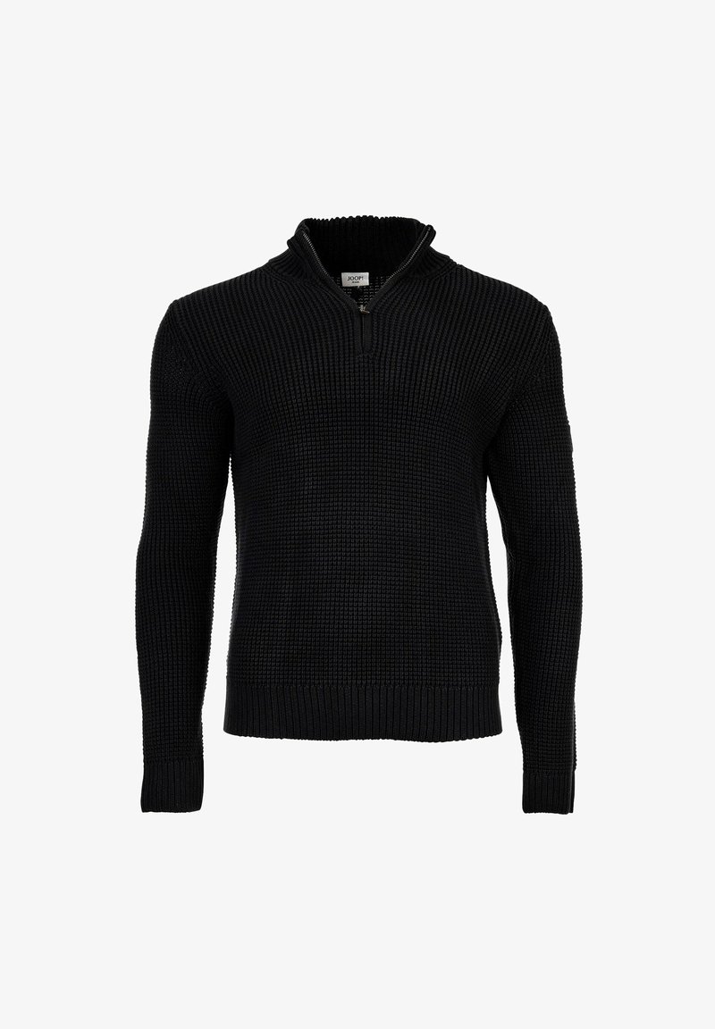 Schwarzer, gestrickter Pullover mit langen Ärmeln, Halbreißverschluss-Kragen und gerippten Bündchen und Saum. Strukturierte Waffeloptik über das gesamte Kleidungsstück.