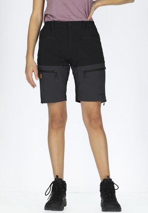 Black and gray shorts with two zippered front pockets, made of durable material, finished with a straight cut and a subtle logo detail.