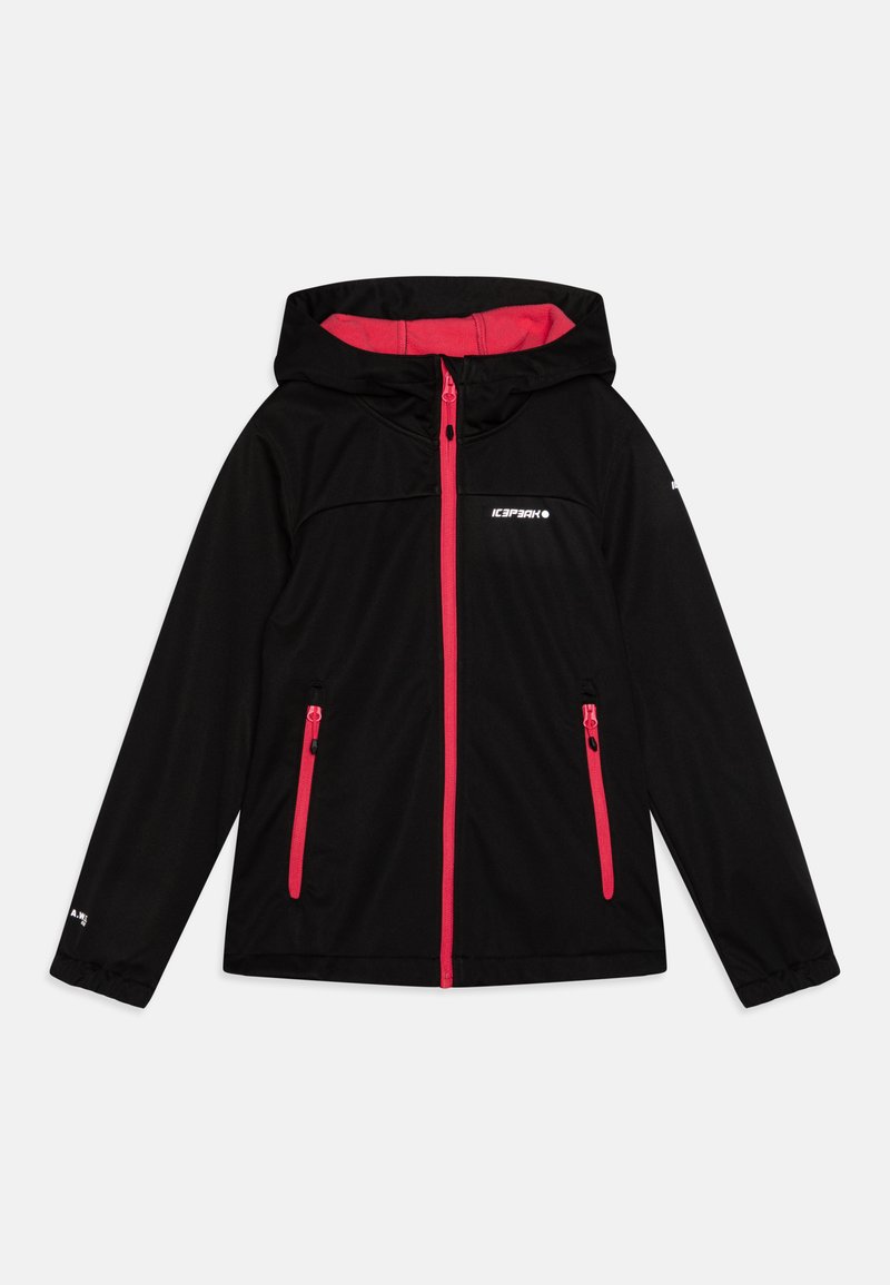 Czarna kurtka z kapturem, z różowymi akcentami, z pełnym zapięciem na zamek z przodu oraz dwoma bocznymi kieszeniami na zamek. Wykonana z miękkiego, elastycznego materiału.